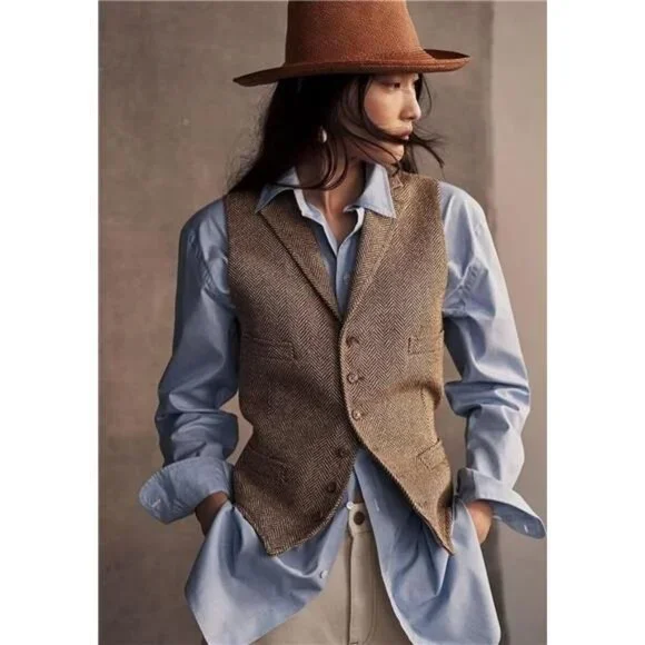 Womens Herringbone Tweed Waistcoat Lapel Sleeveless Blazers V Neck Work Office - Picture 2 of 7